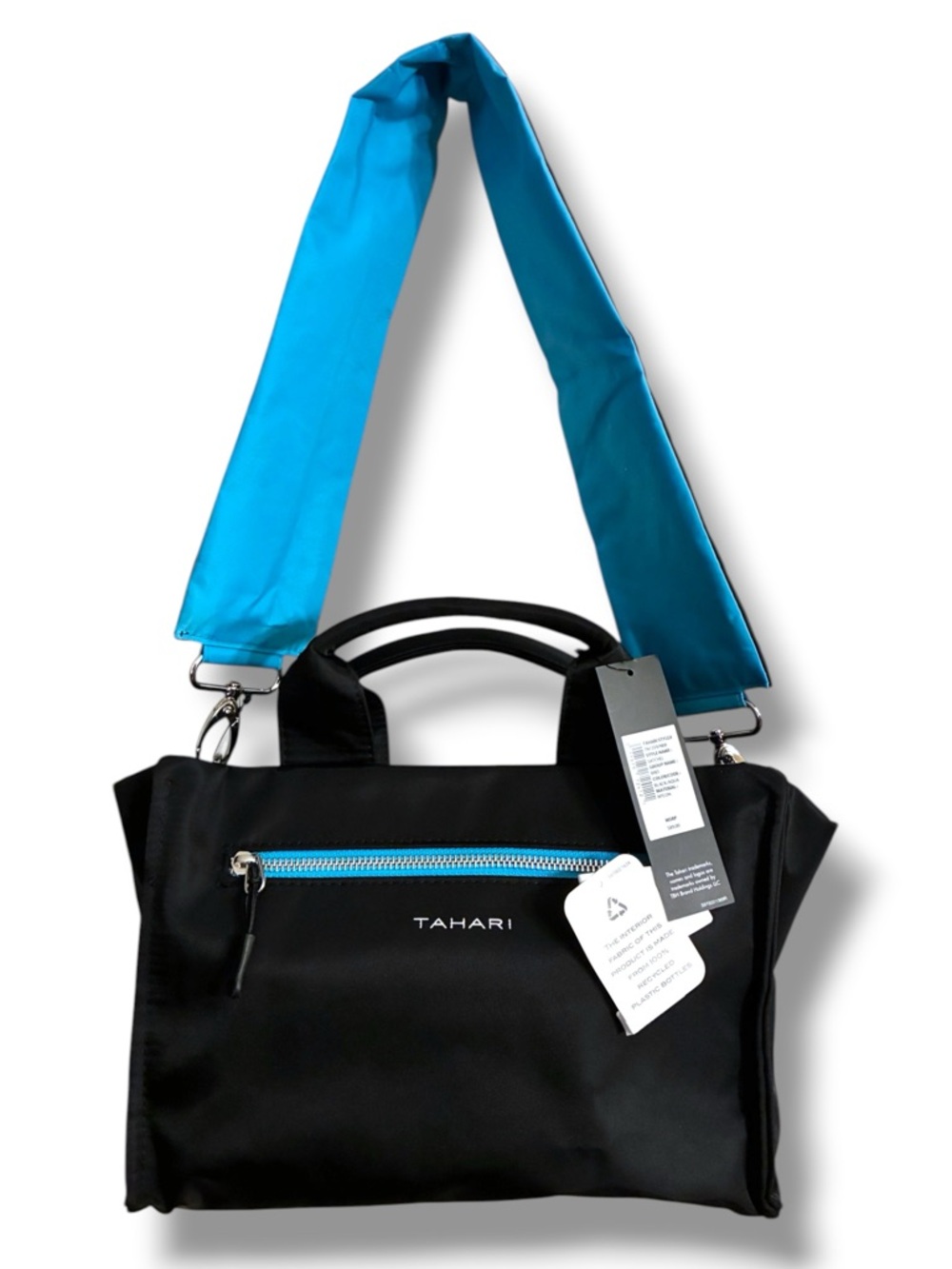 🩵 Tahari Black & Aqua Nylon Satchel Tote Bag NWT